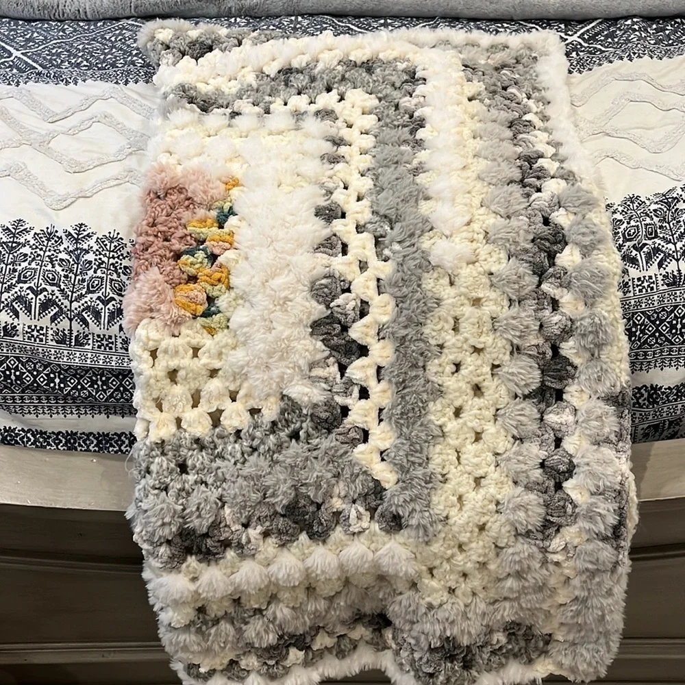 Handmade Crochet Granny Square Velvet Plush Faux Fur Throw Blanket